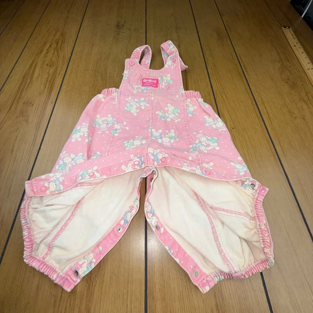 Vintage OshKosh Bgosh Pink Bunny Print Overalls Made in USA 18M‎ Vestbak Denim